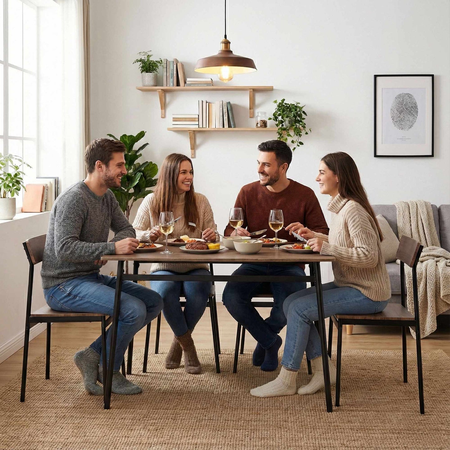 Dining Table Set with 4 Chairs, MDF & Steel