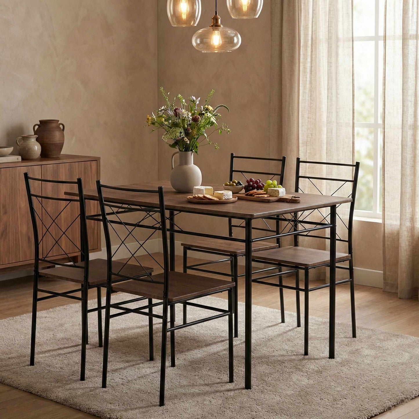 Dining Table Set with 4 Chairs, MDF & Steel