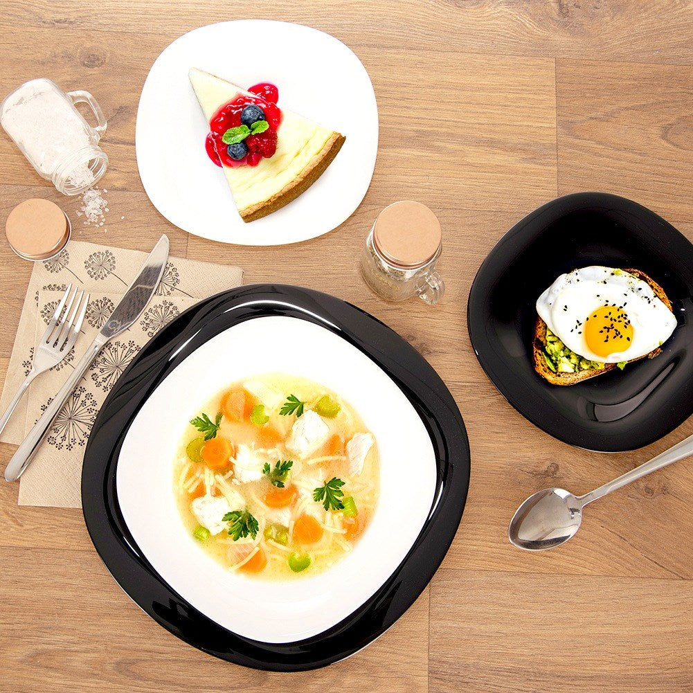 Dinner set: glass, white, black, LUNA, 18 pcs.