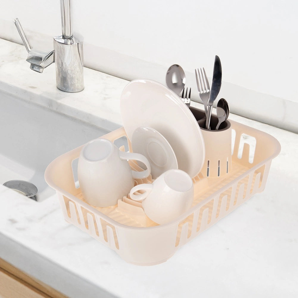 Dish Drainer Rack with Cutlery Holder, Cream, 39x29x11 cm