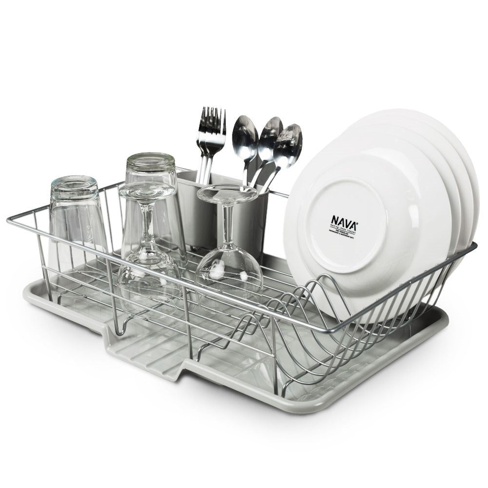 Dish rack with space for plates, mugs and cutlery