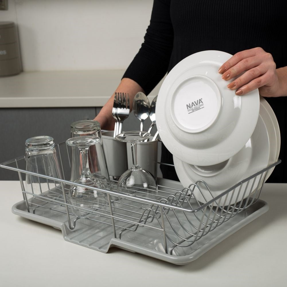 Dish rack with space for plates, mugs and cutlery