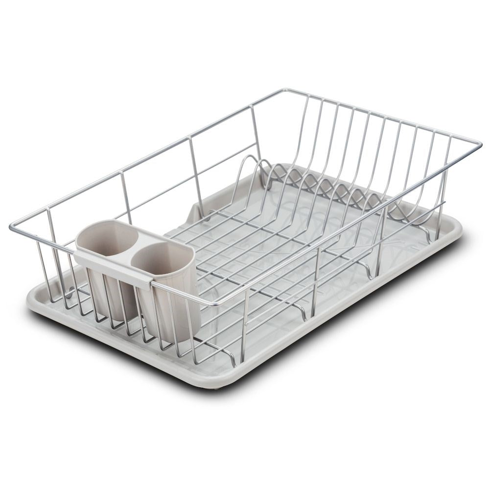Dish rack with space for plates, mugs and cutlery