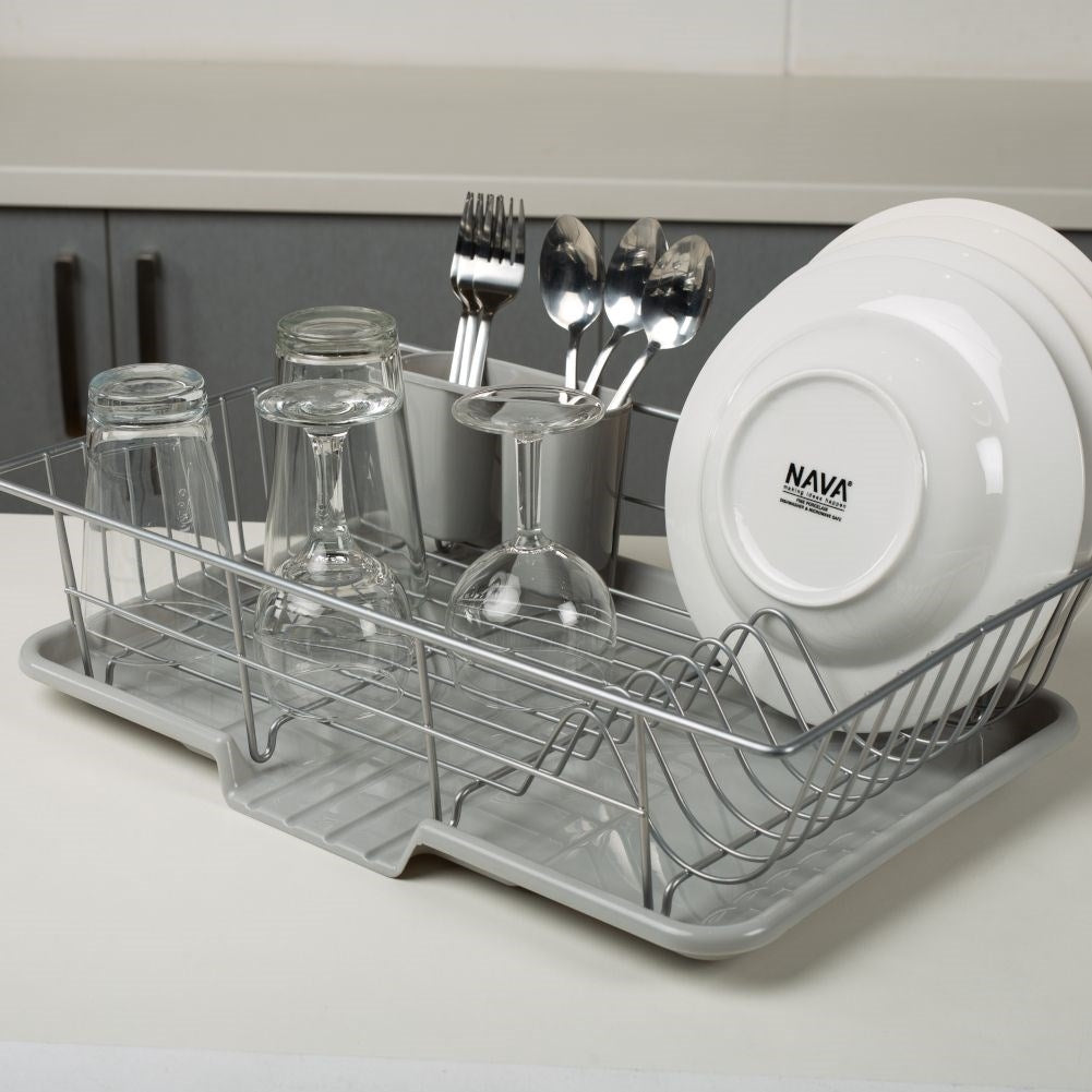 Dish rack with space for plates, mugs and cutlery