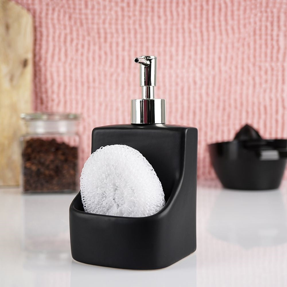 Dispenser for washing-up liquid with sponge pocket and sponge