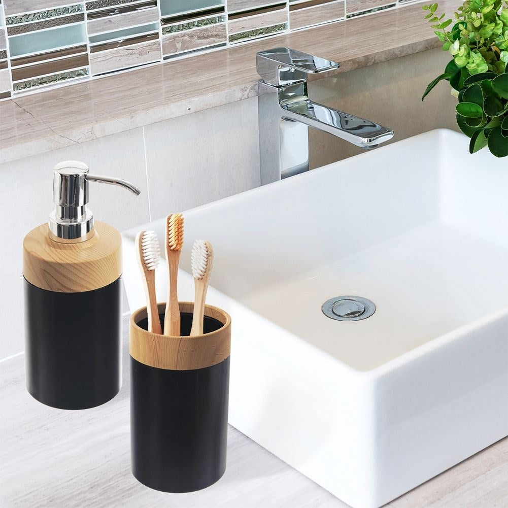 Dispenser in black plastic with wooden lid for kitchen and bathroom