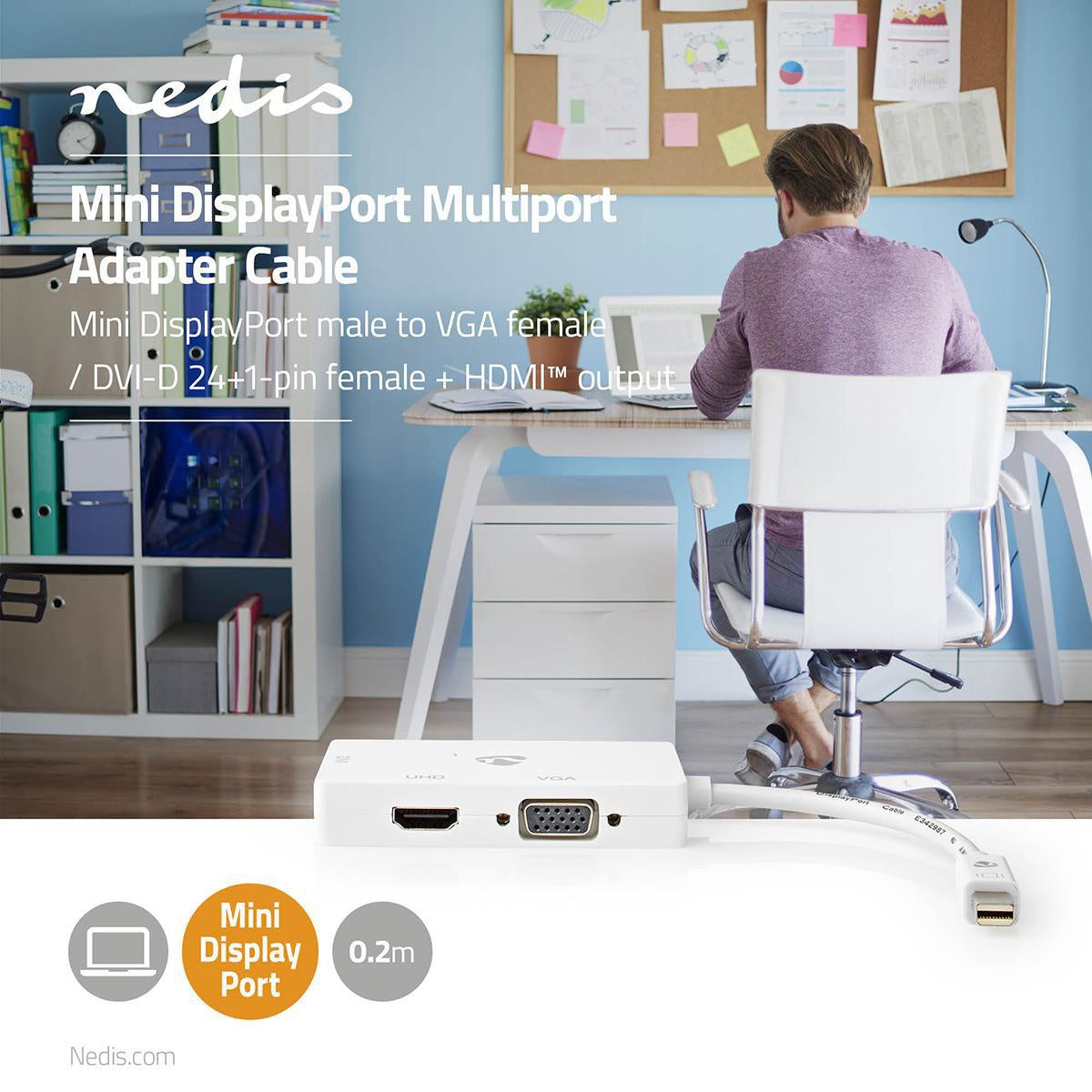 Displayport adapter | Mini DisplayPort Male | DVI-D 24+1-Pin Female / HDMI™ Female / VGA female 15p | 4K@60Hz | Nickel Plated | Switchable | 0.20 m | Round | ABS | ABS | White | Box
