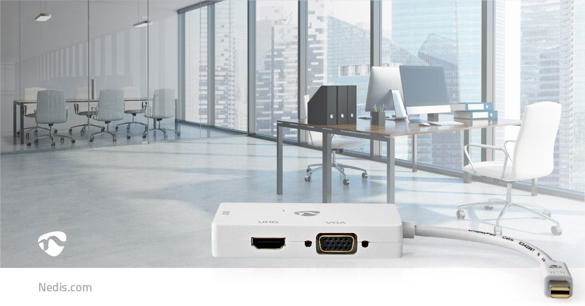 Displayport adapter | Mini DisplayPort Male | DVI-D 24+1-Pin Female / HDMI™ Female / VGA female 15p | 4K@60Hz | Nickel Plated | Switchable | 0.20 m | Round | ABS | ABS | White | Plastic bag