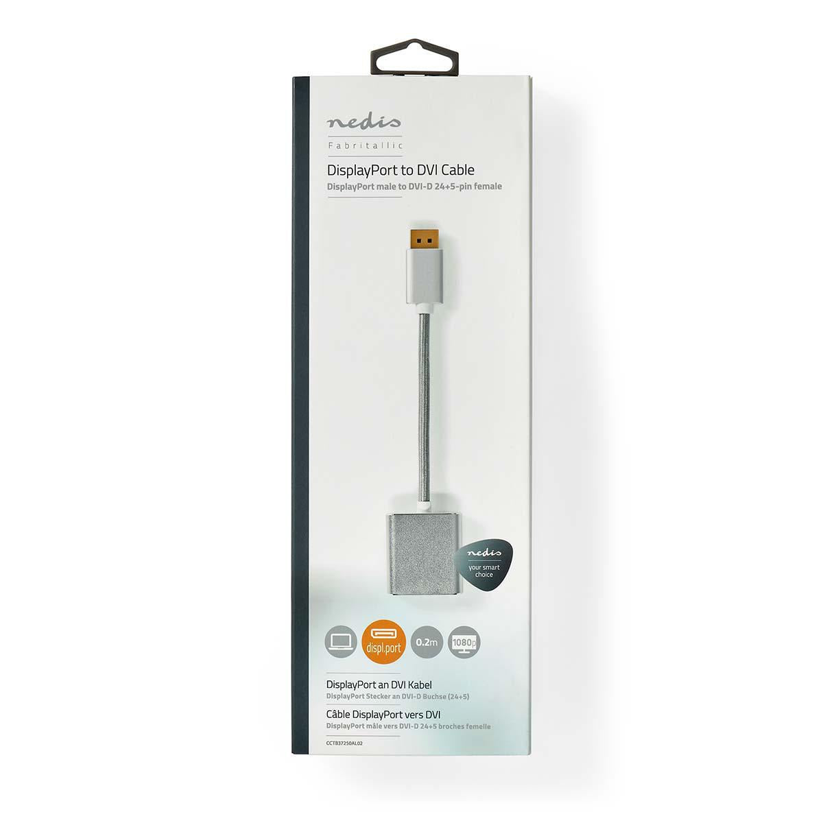Displayport cable | DisplayPort Male | DVI-D 24+1-Pin Female | 1080p | Gold Plated | 0.20 m | Round | Braided | Silver | Carton with covered window