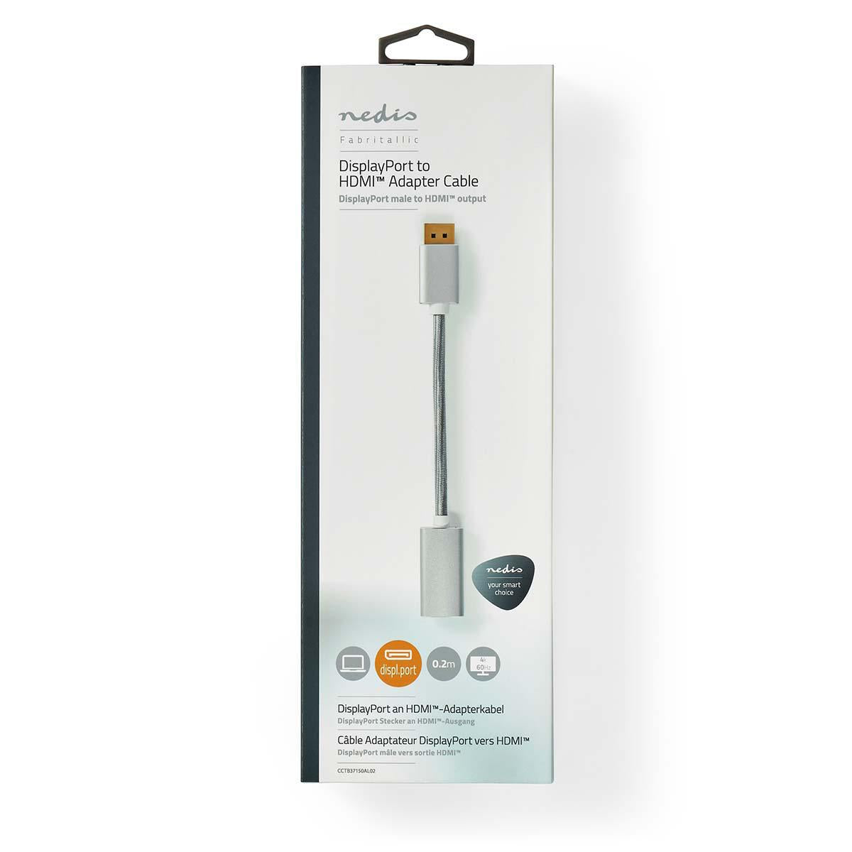Displayport cable | DisplayPort Male | HDMI™ Output | 4K@60Hz | Gold Plated | 0.20 m | Round | Braided | Silver | Carton with covered window