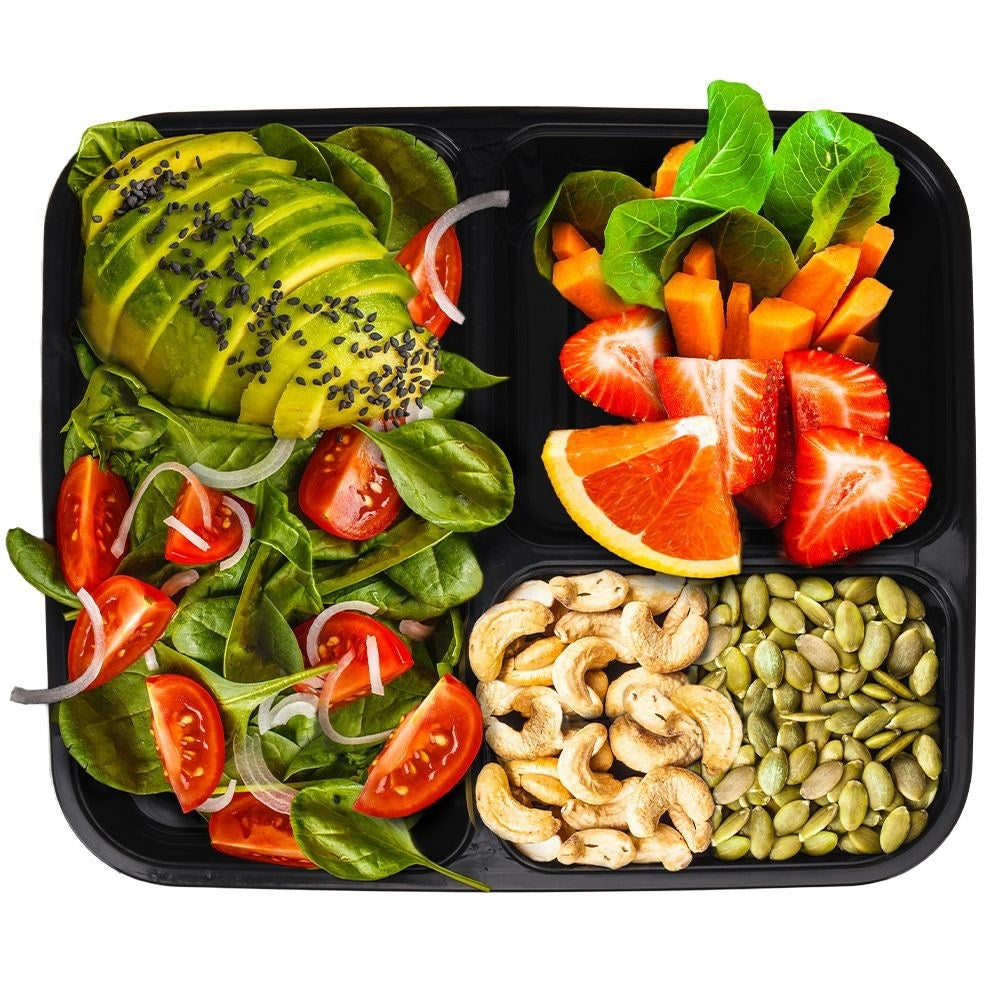 Divided lunchbox with three compartments, dishwasher, freezer, microwave safe