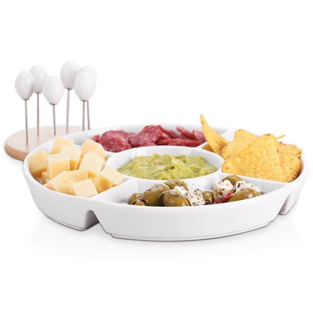 Divided porcelain bowl with steel toothpicks for snacks