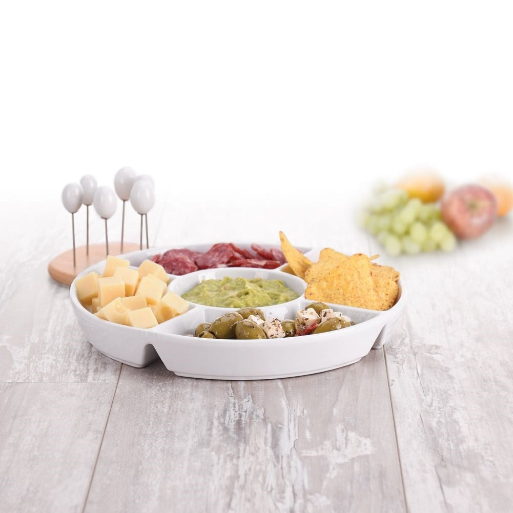 Divided porcelain bowl with steel toothpicks for snacks