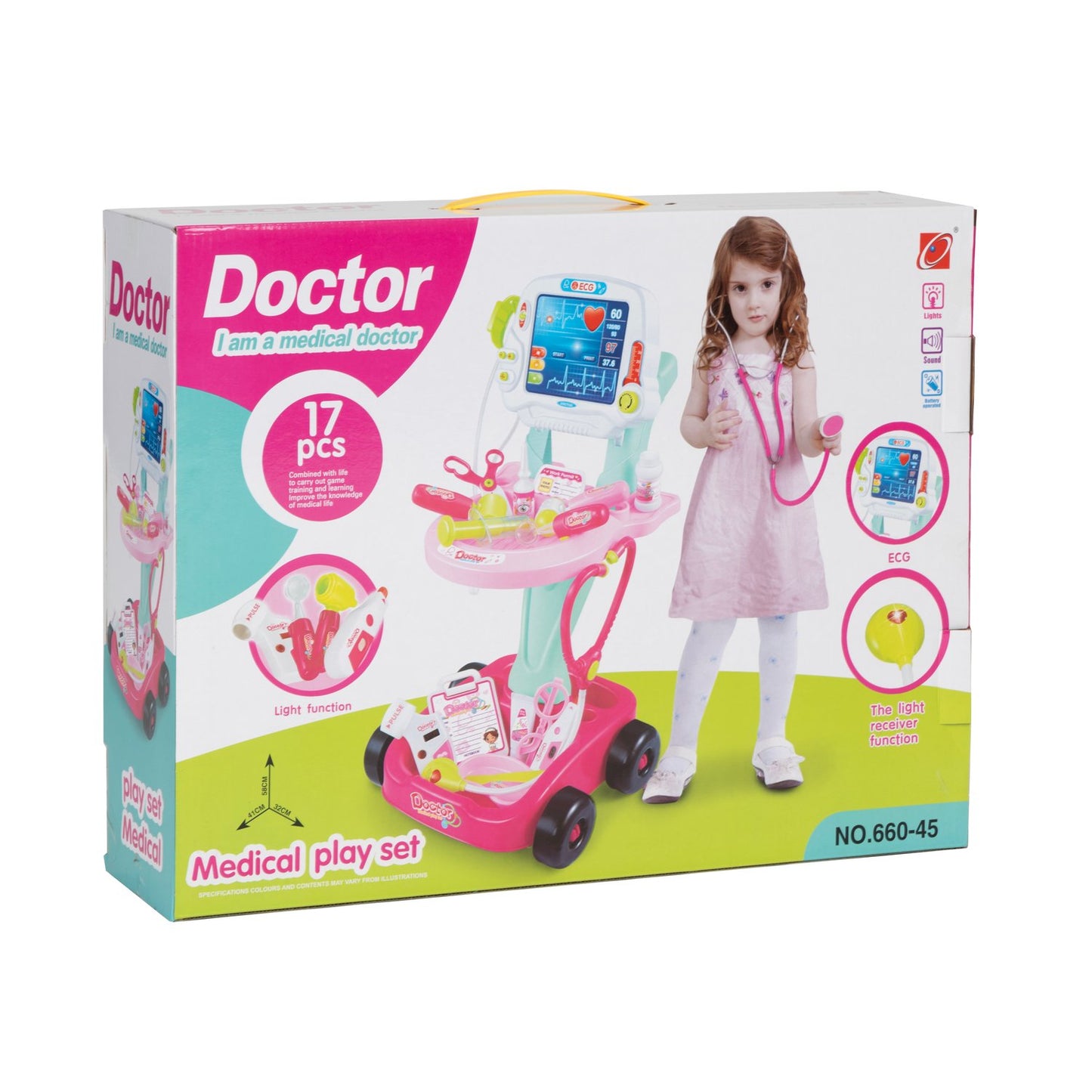 Doctor's trolley set with 17 elements, LED sounds