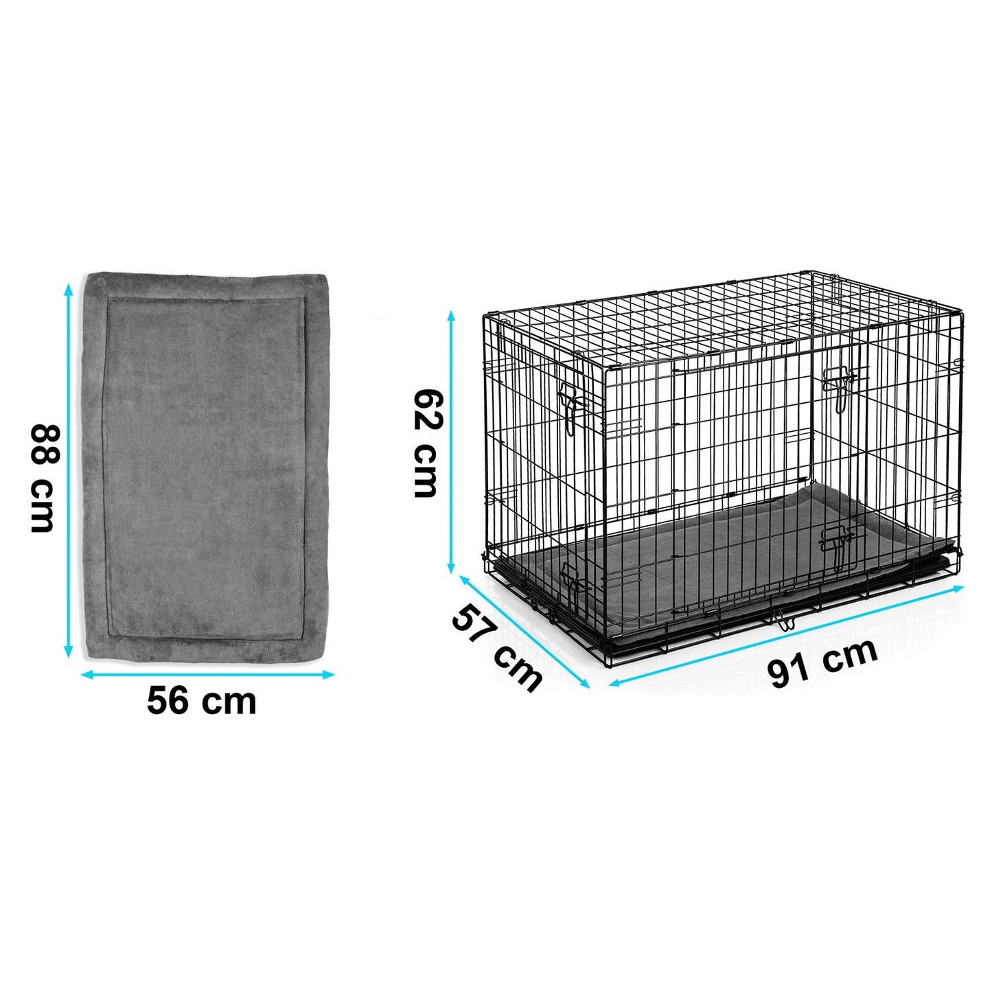 Dog Crate with Bed, Metal, 91x57x62 cm, Medium Size