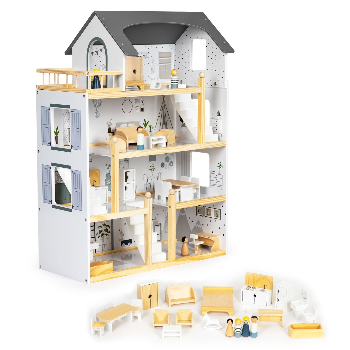 Dollhouse with a set of 17 wooden furniture ECOTOYS