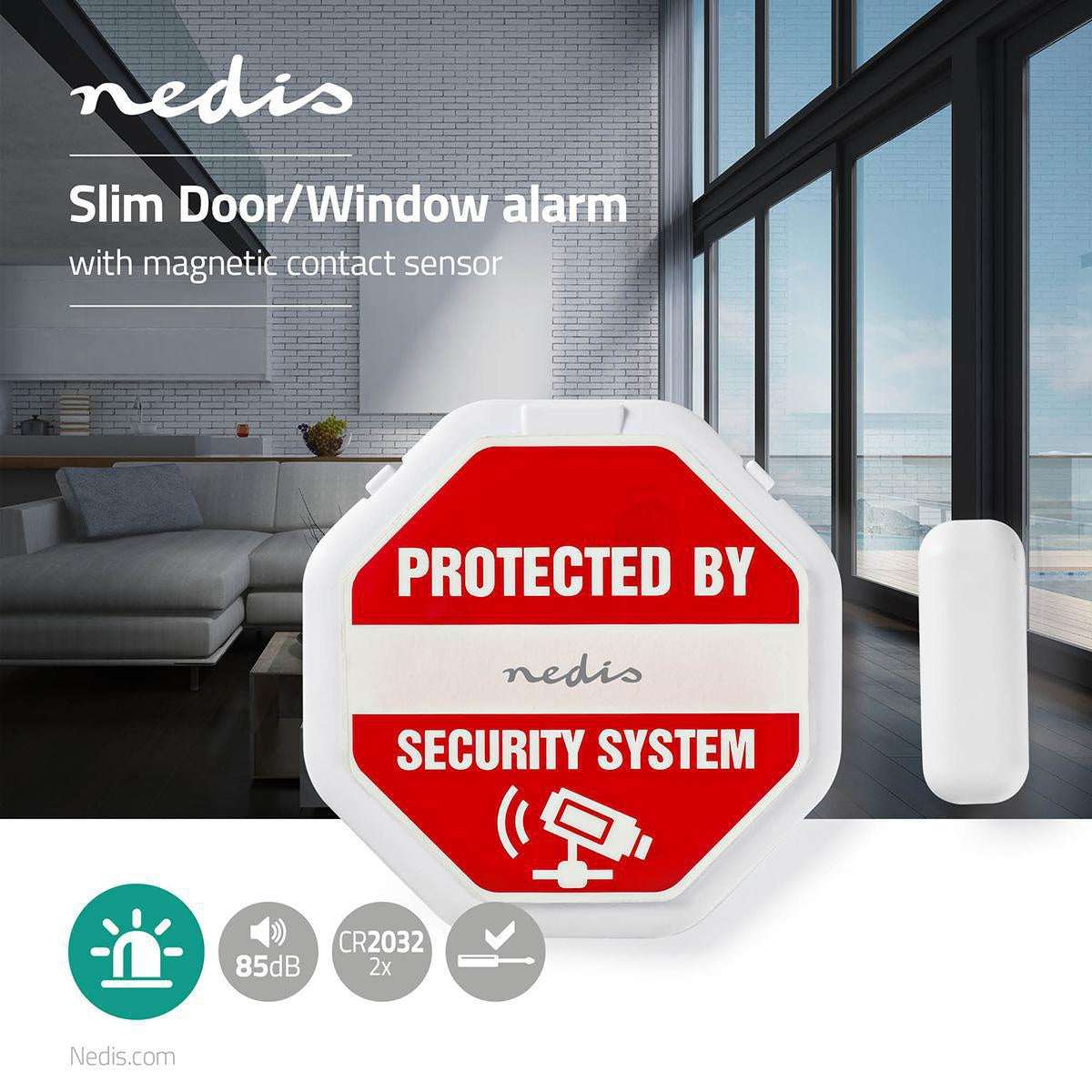 Door Window Alarm | Magnetic Sensor | Battery powered | 2x CR2032 | 85 dB| White