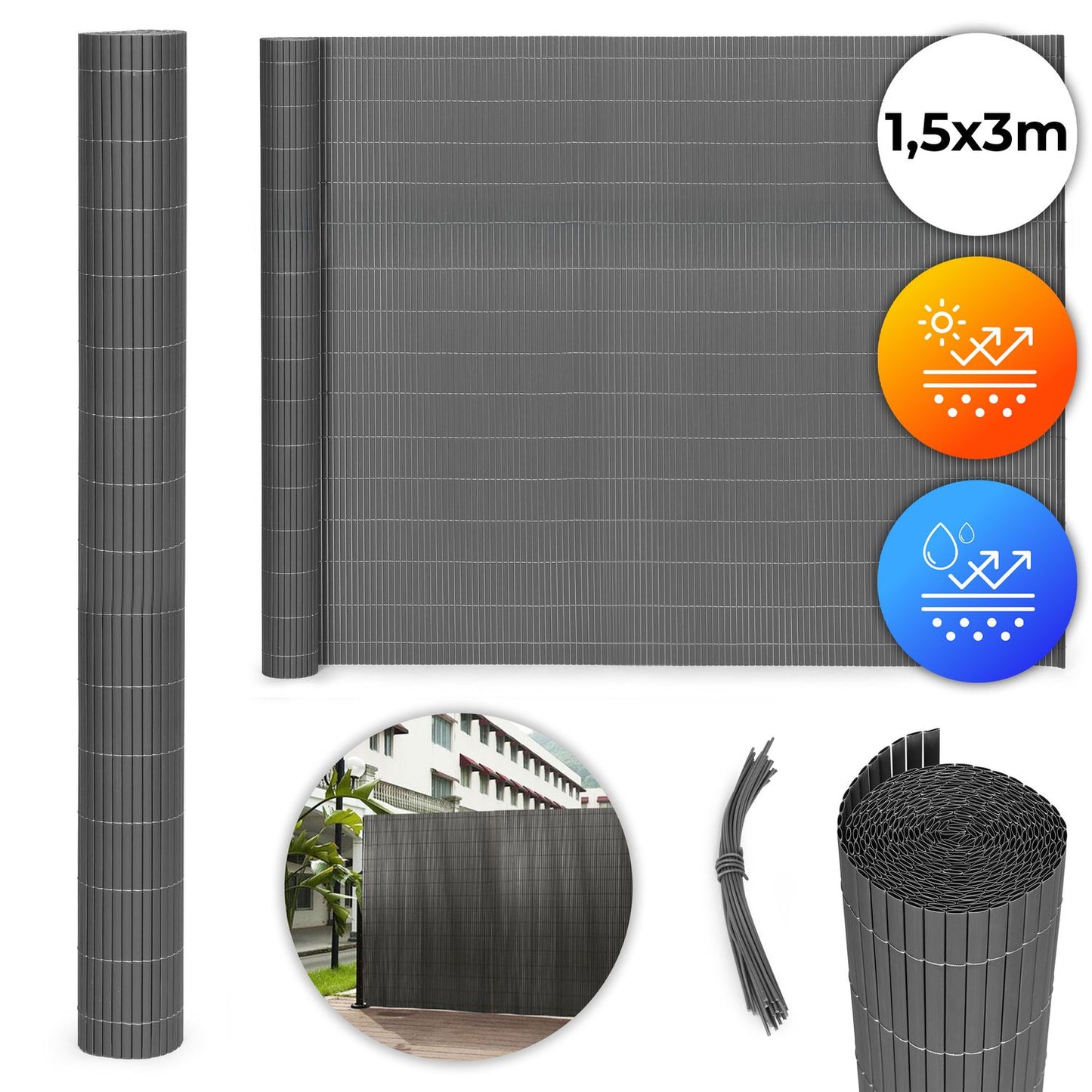 Double-Sided Bamboo Mat 150x300 cm for Balcony, Terrace, Fence Anthracite MultiGarden