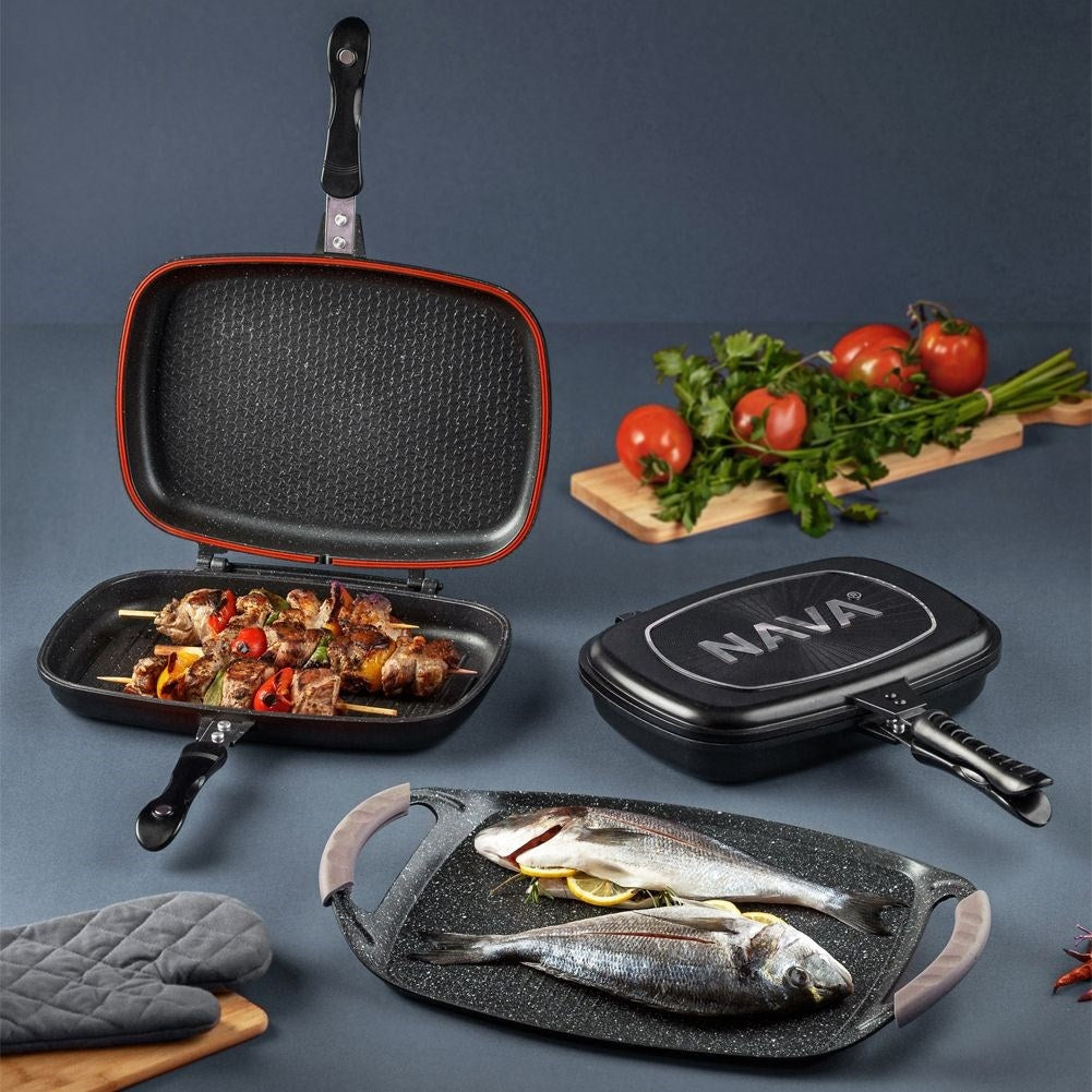 Double grill pan with five-layer non-stick granite coating