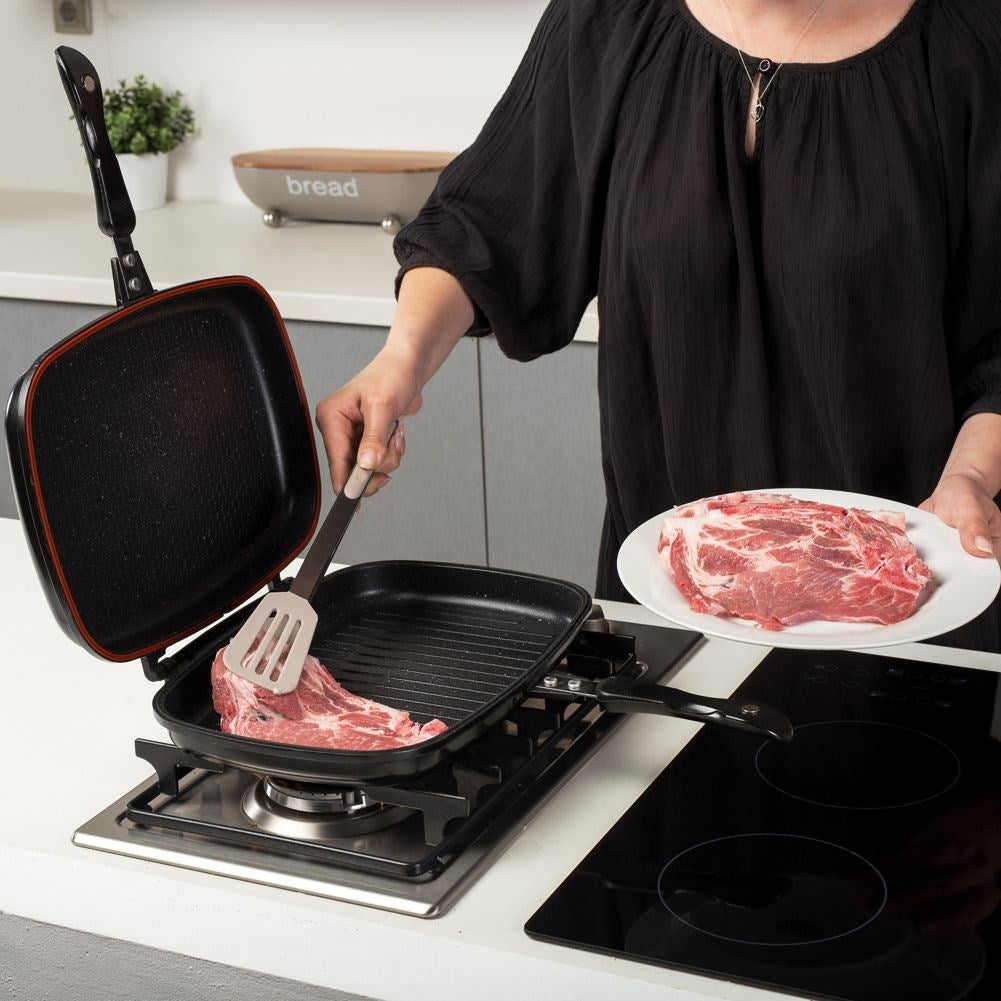 Double grill pan with five-layer non-stick granite coating
