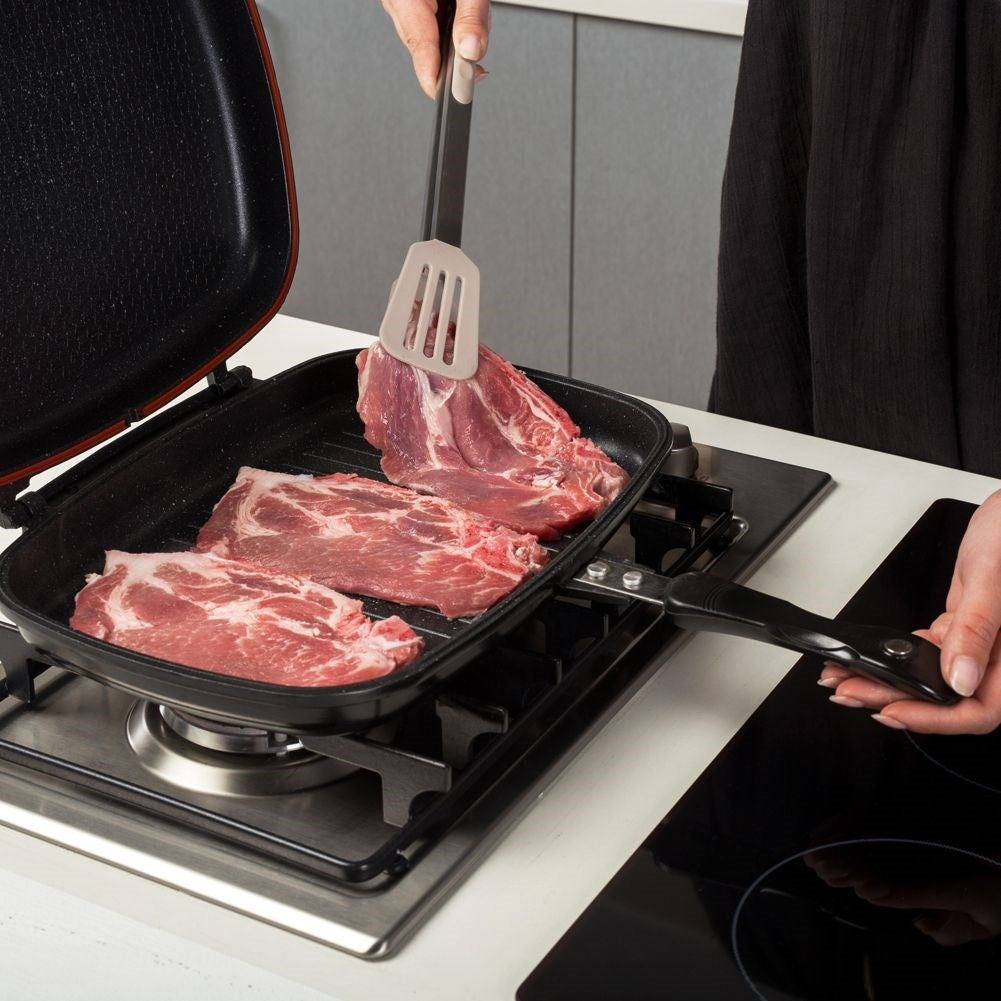 Double grill pan with five-layer non-stick granite coating