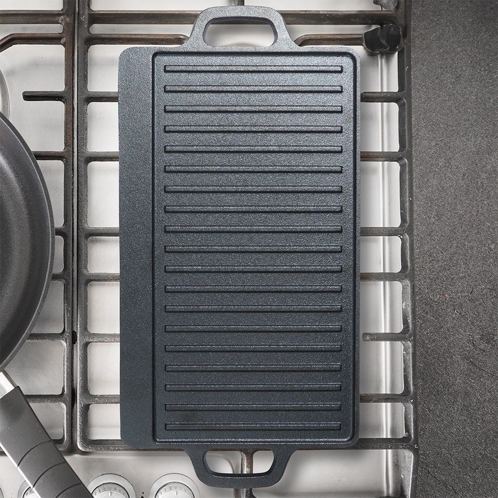 Double grill plate in cast iron for meat, fish and vegetables
