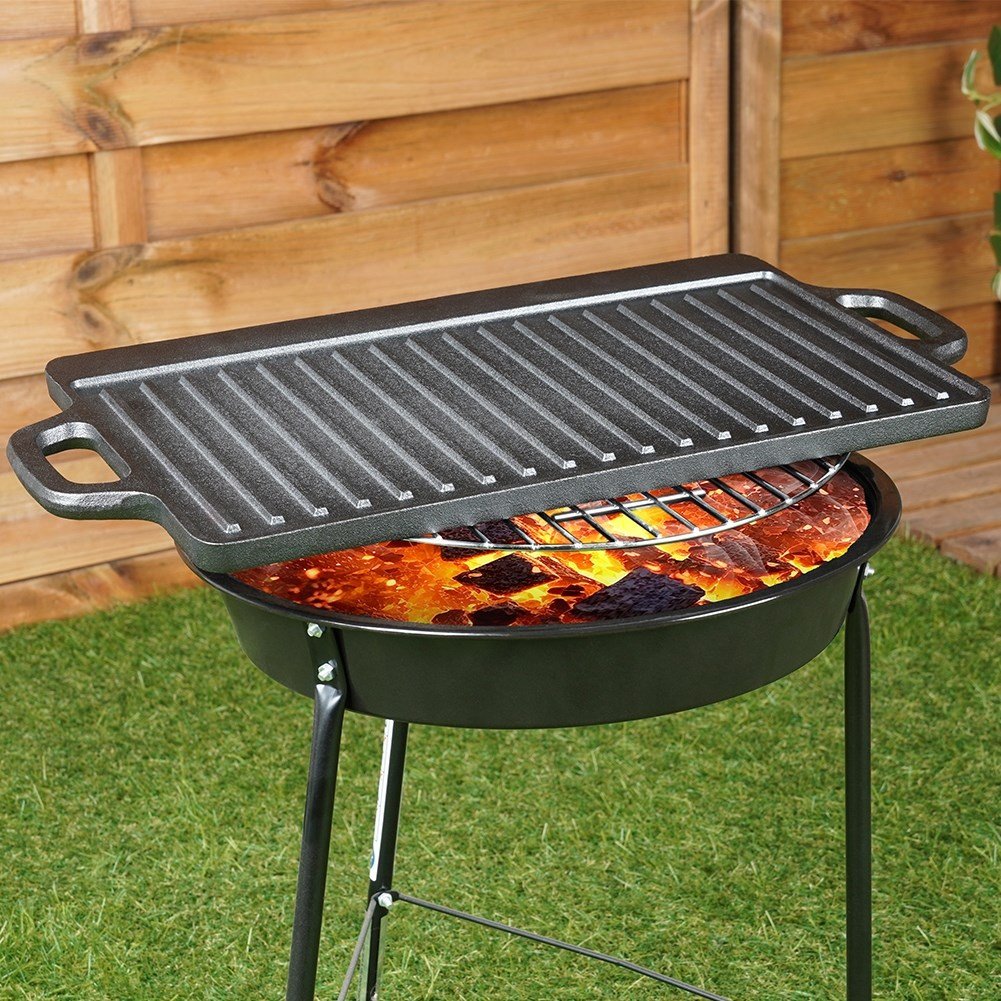 Double grill plate in cast iron for meat, fish and vegetables