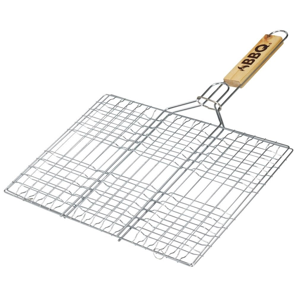 Double grill with lock and wooden handle for easy cooking