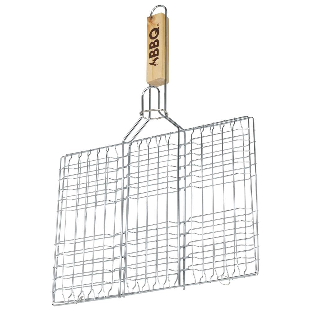 Double grill with lock and wooden handle for easy cooking
