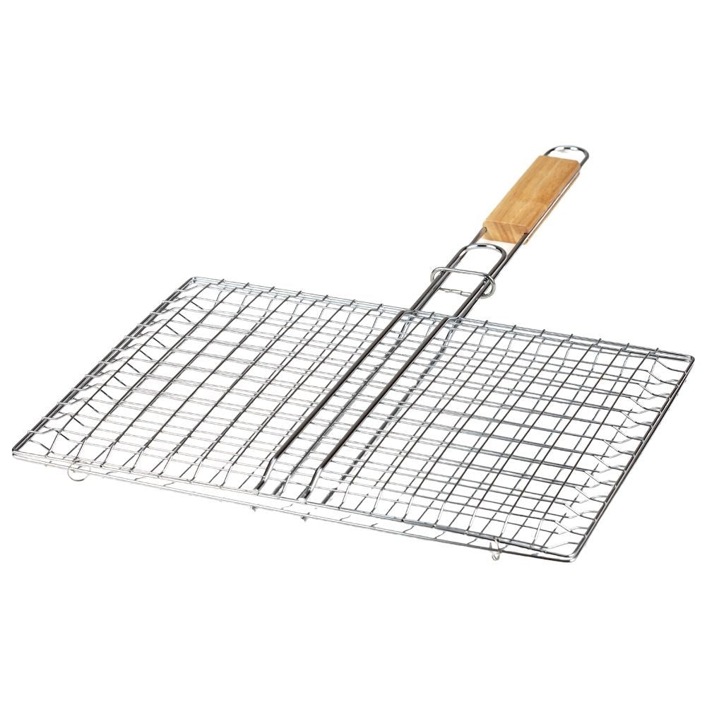 Double grill with lock and wooden handle for easy cooking