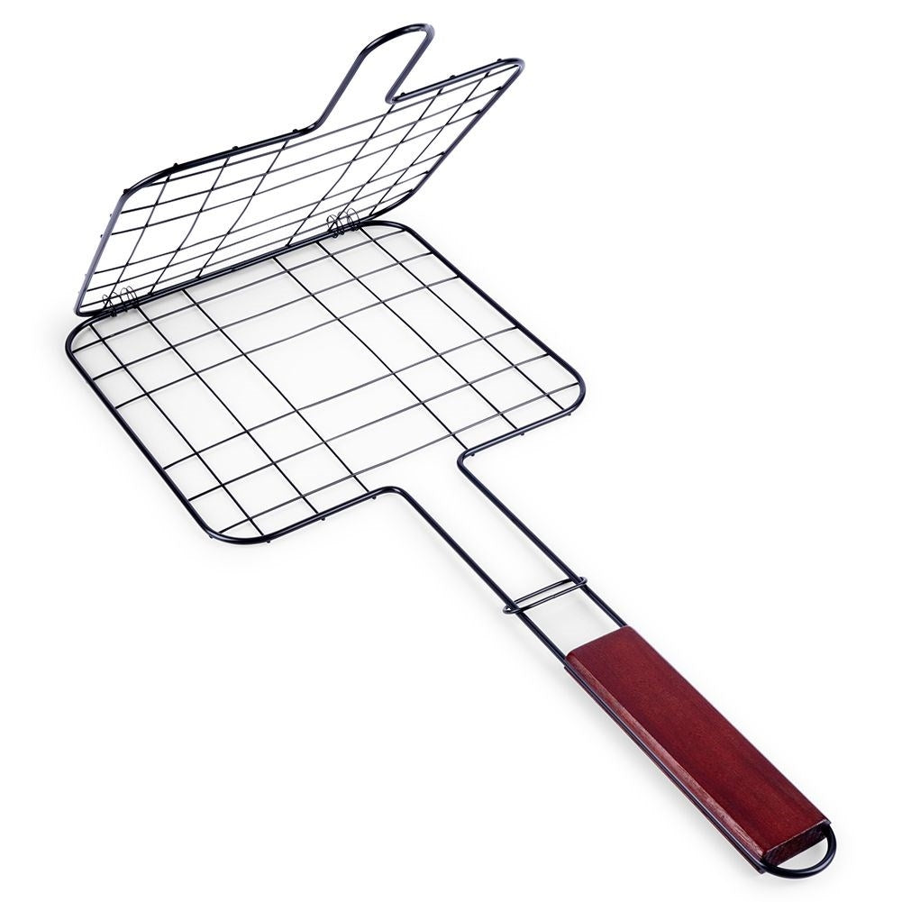 Double grill with wooden handle for easy turning of food