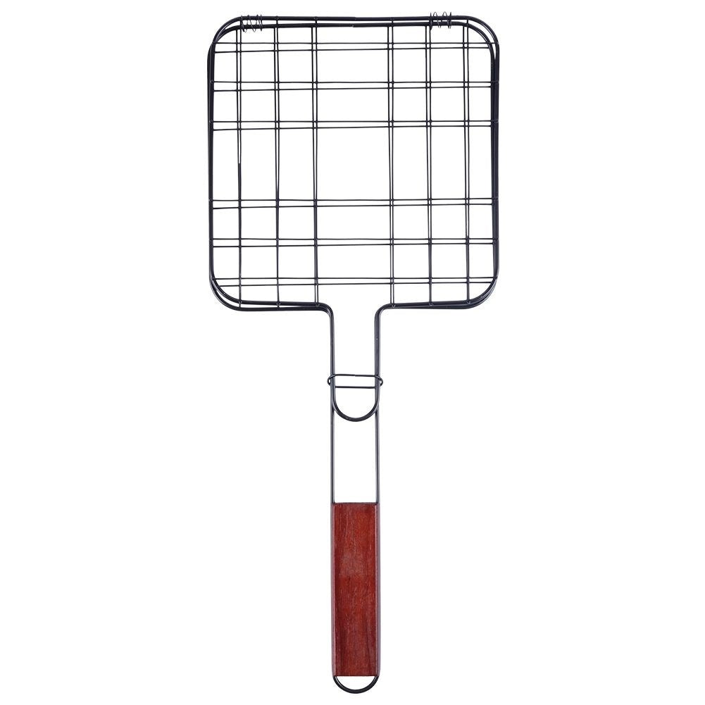 Double grill with wooden handle for easy turning of food