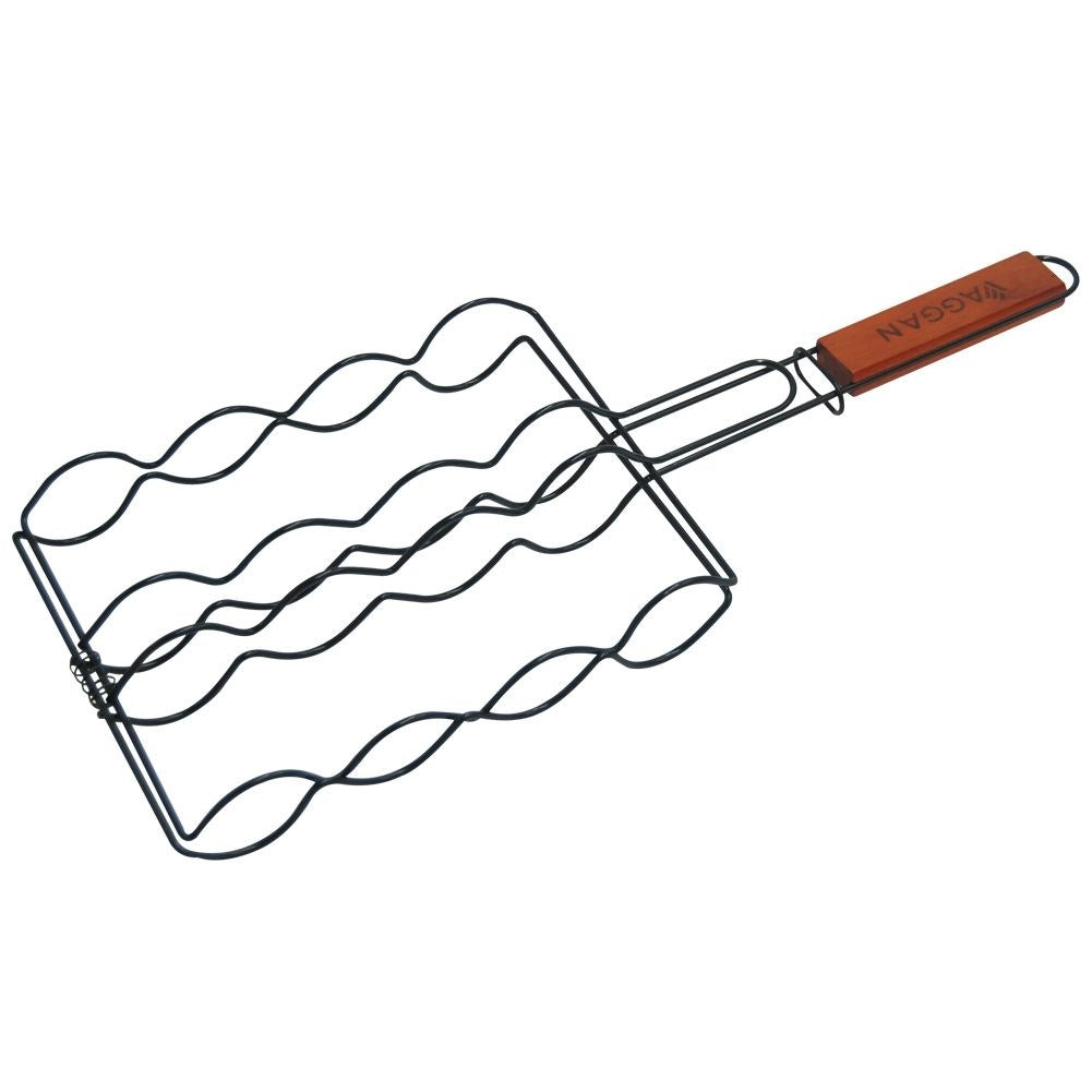 Double-sided grill grate with wooden handle for easy turning