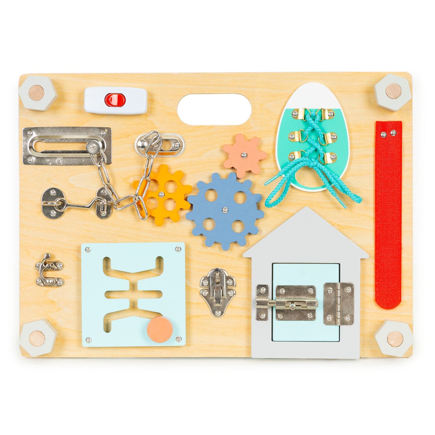 Double-sided wooden sensory manipulation board for children