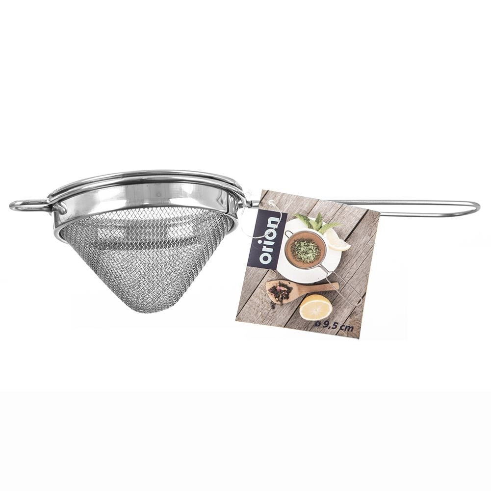 Double tea strainer in stainless steel with handle and fastening device