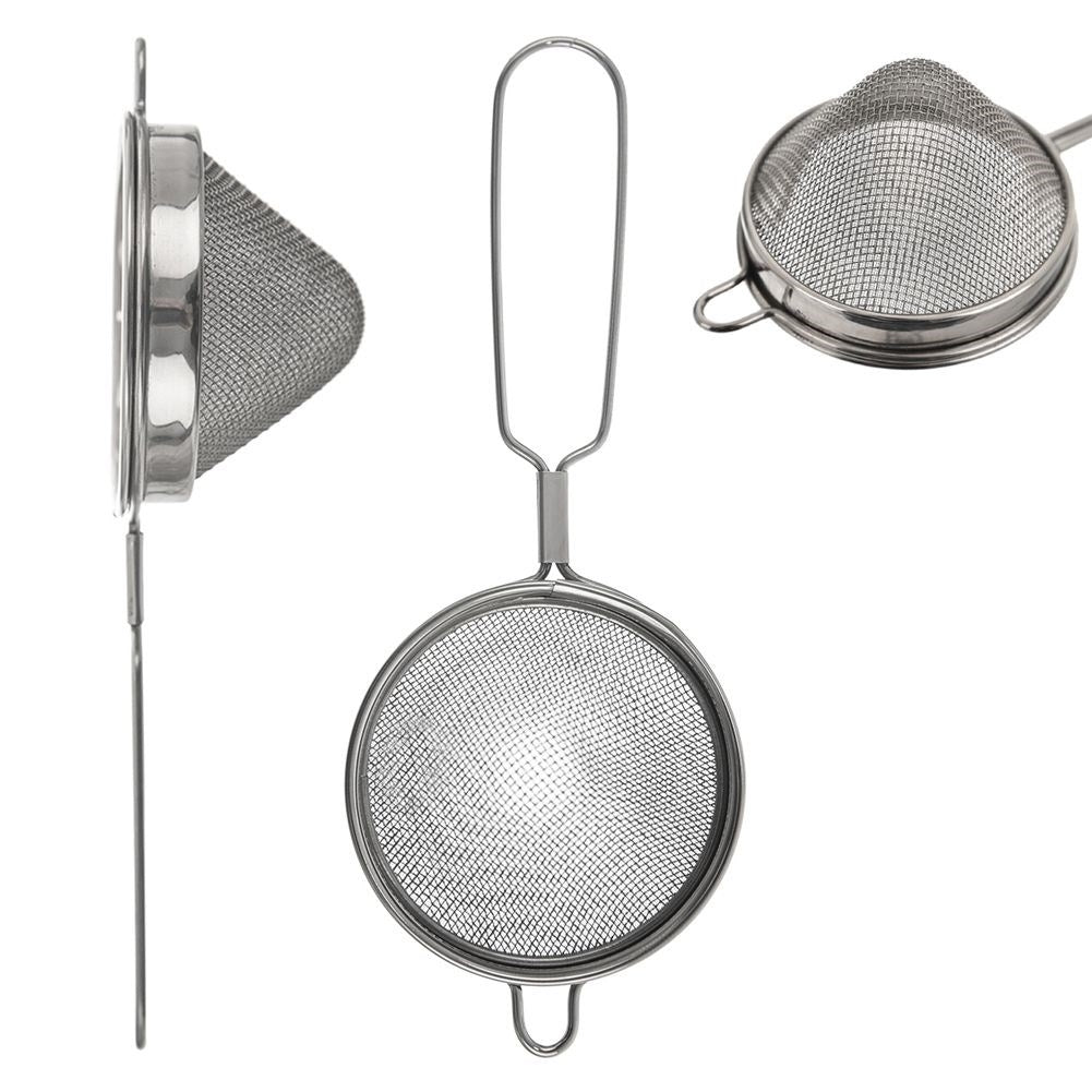 Double tea strainer in stainless steel with handle and fastening device