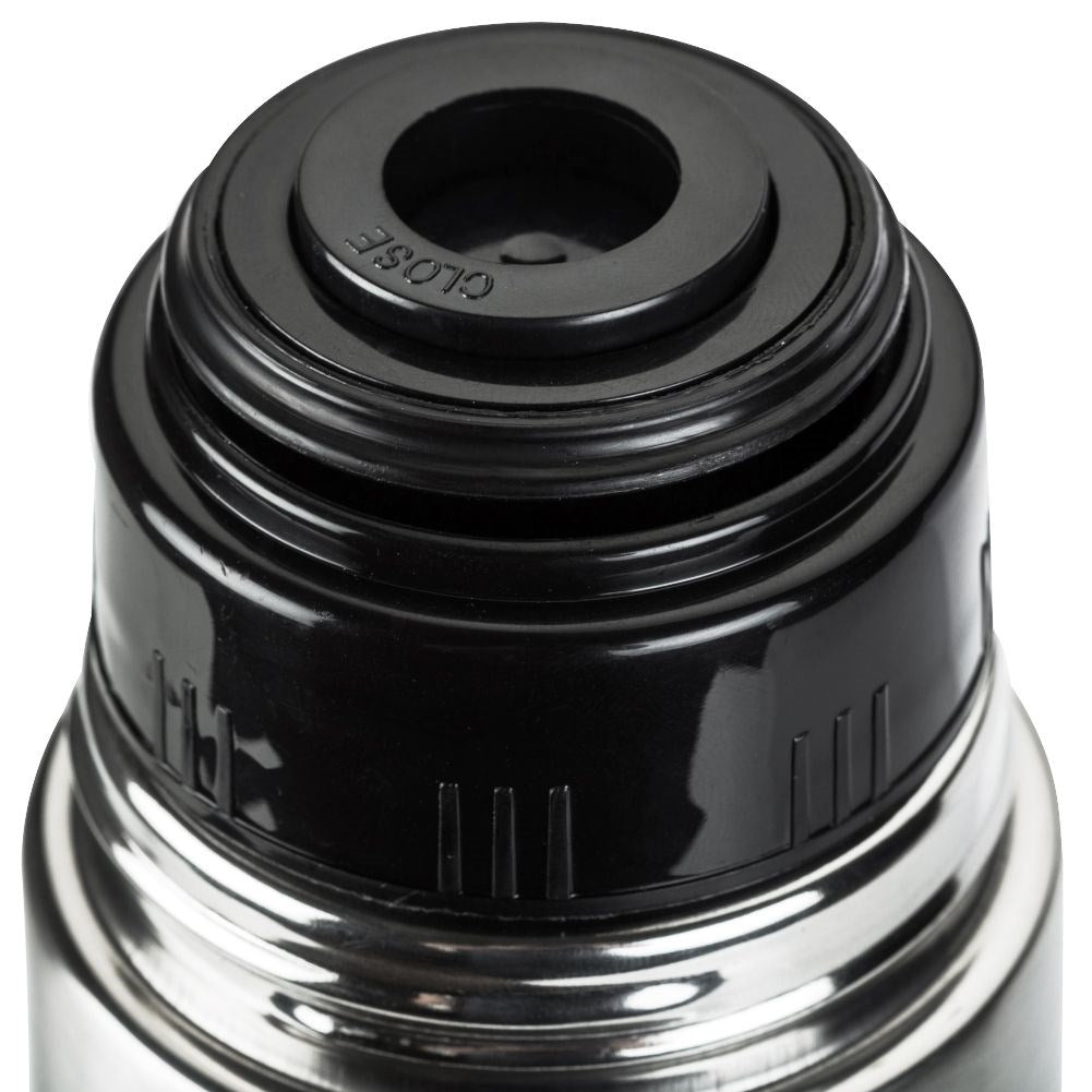 Double-walled stainless steel thermos with automatic cork