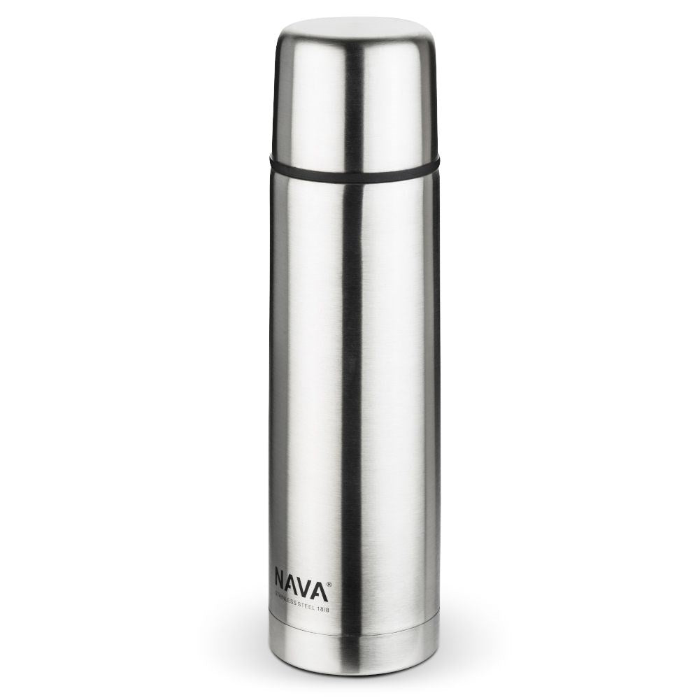 Double-walled stainless steel thermos with automatic cork