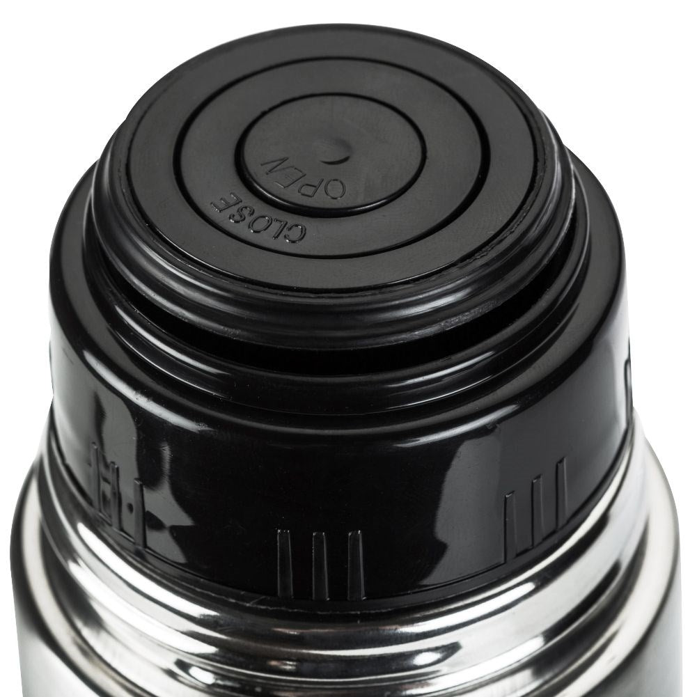 Double-walled stainless steel thermos with automatic cork
