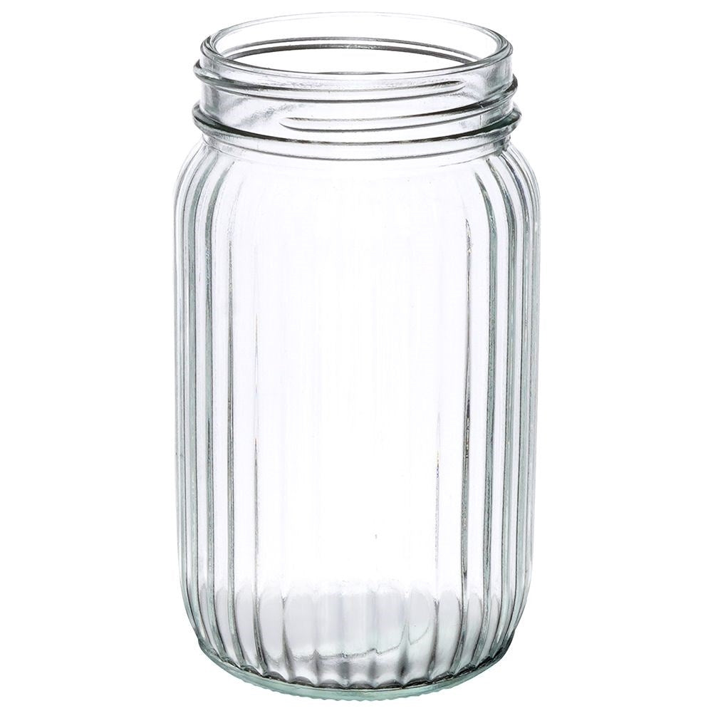 Drinking jar in thick glass with elegant stripes and bamboo straw