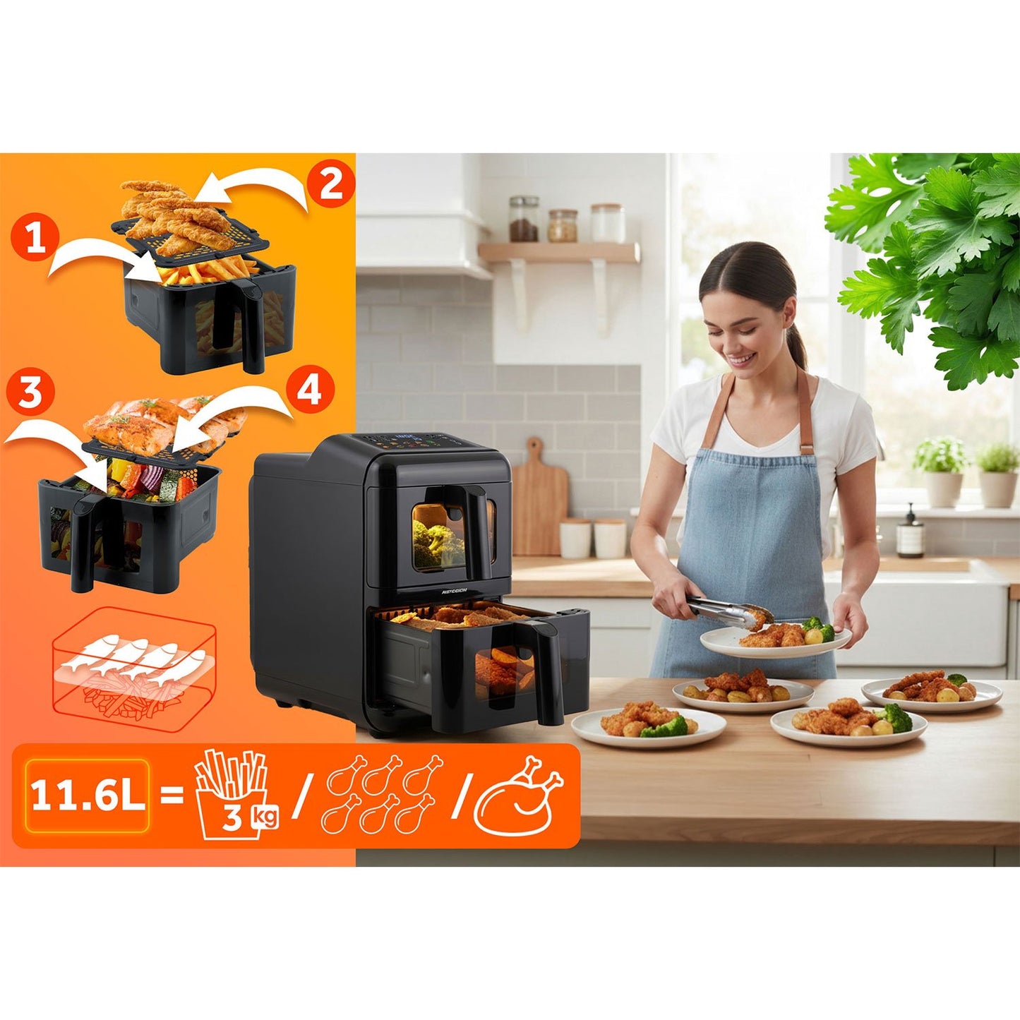 Dual Chamber Air Fryer, 11.6L, 3000W, Touchscreen