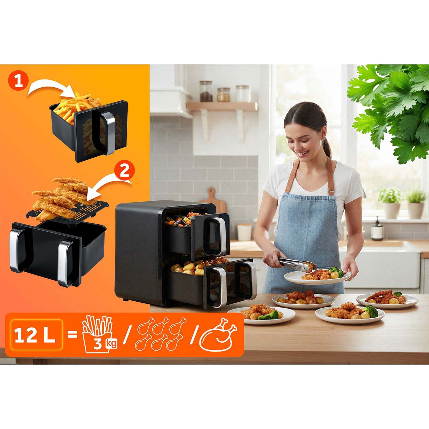 Dual-Chamber Air Fryer, 12L Capacity, 2800W Power