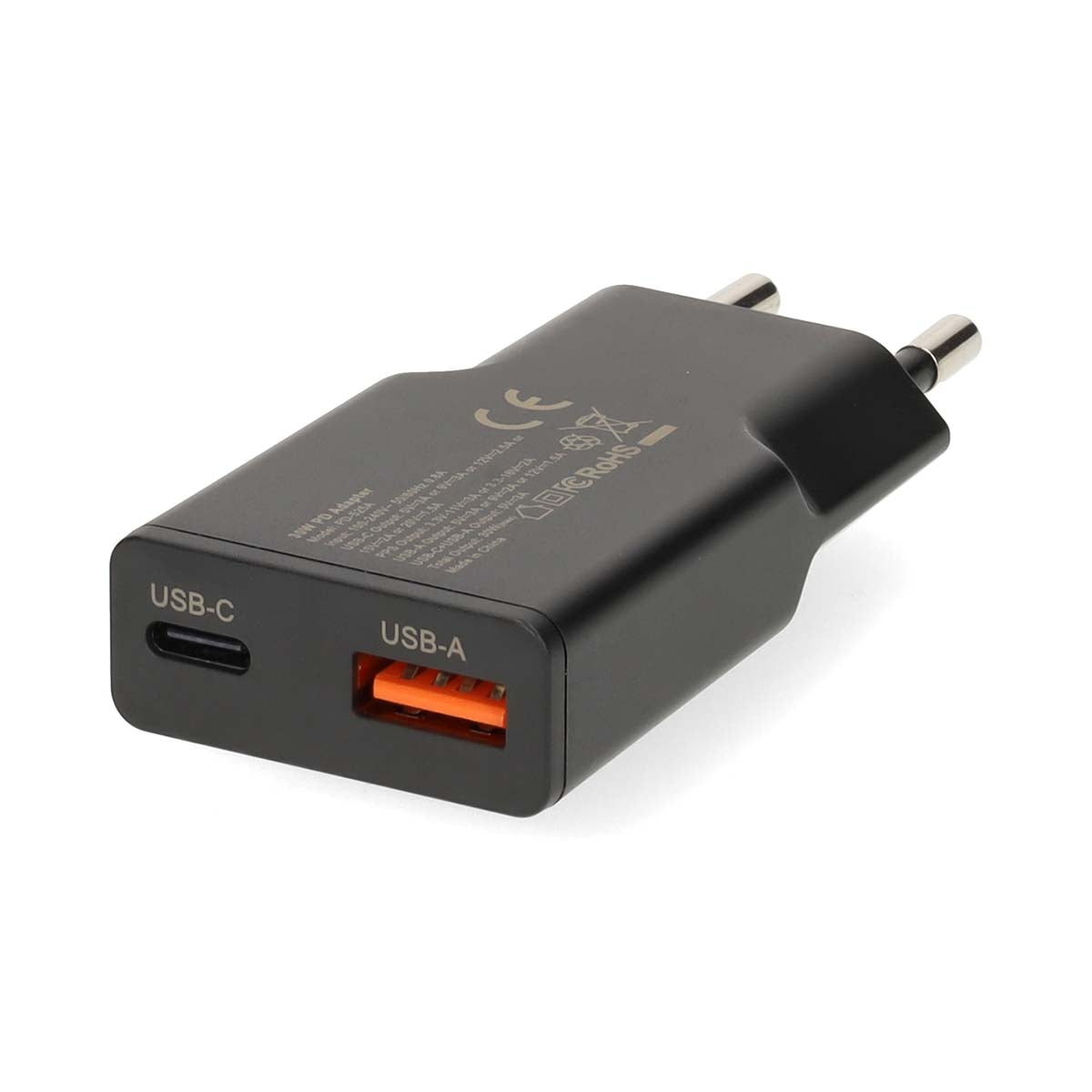 Dual Port GaN Wall Charger, 20W PD3.0, USB-A/C, Black