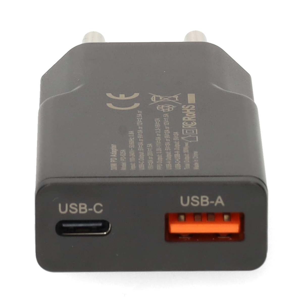 Dual Port GaN Wall Charger, 20W PD3.0, USB-A/C, Black