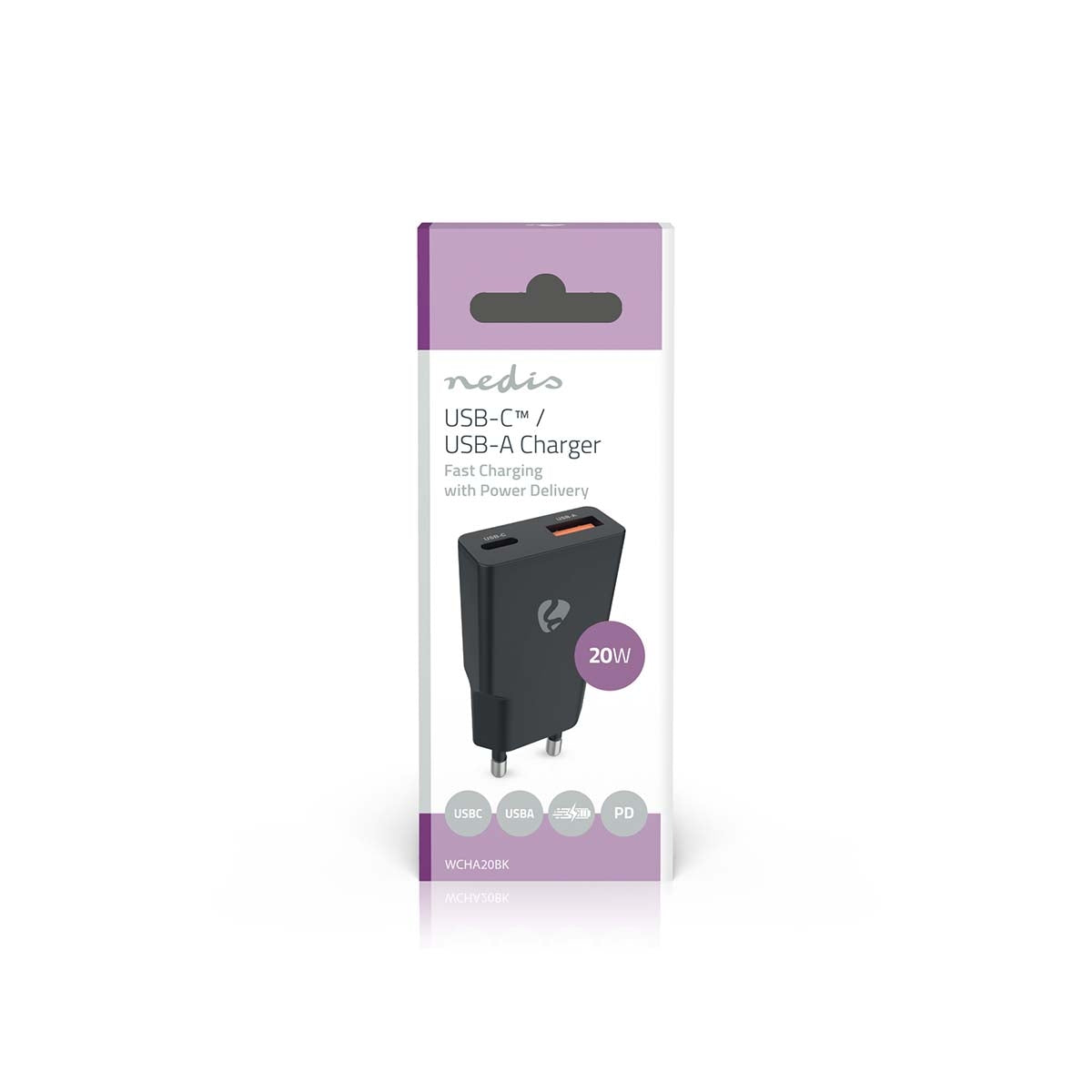 Dual Port GaN Wall Charger, 20W PD3.0, USB-A/C, Black