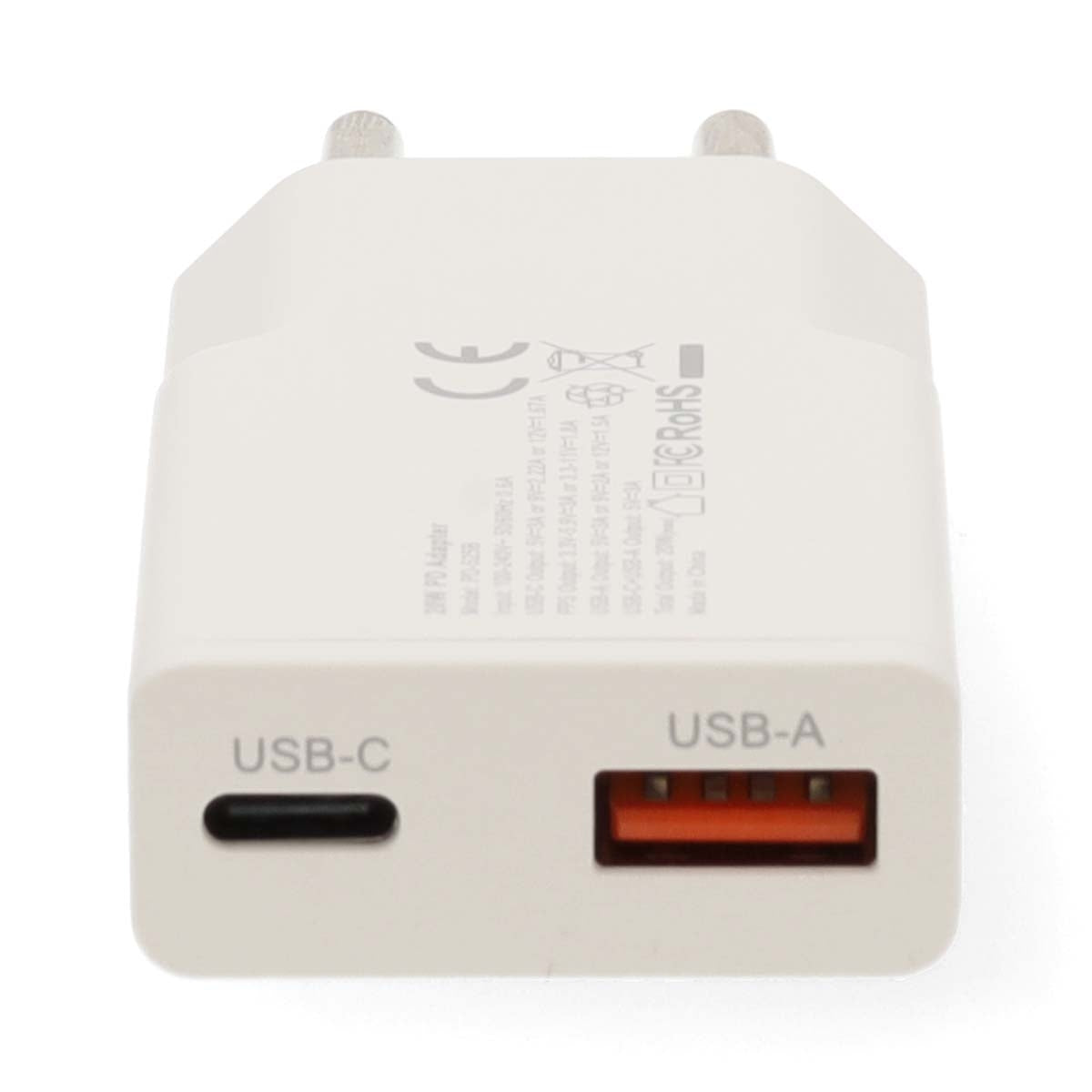 Dual Port GaN Wall Charger, 20W PD & QC, USB-C/USB-A