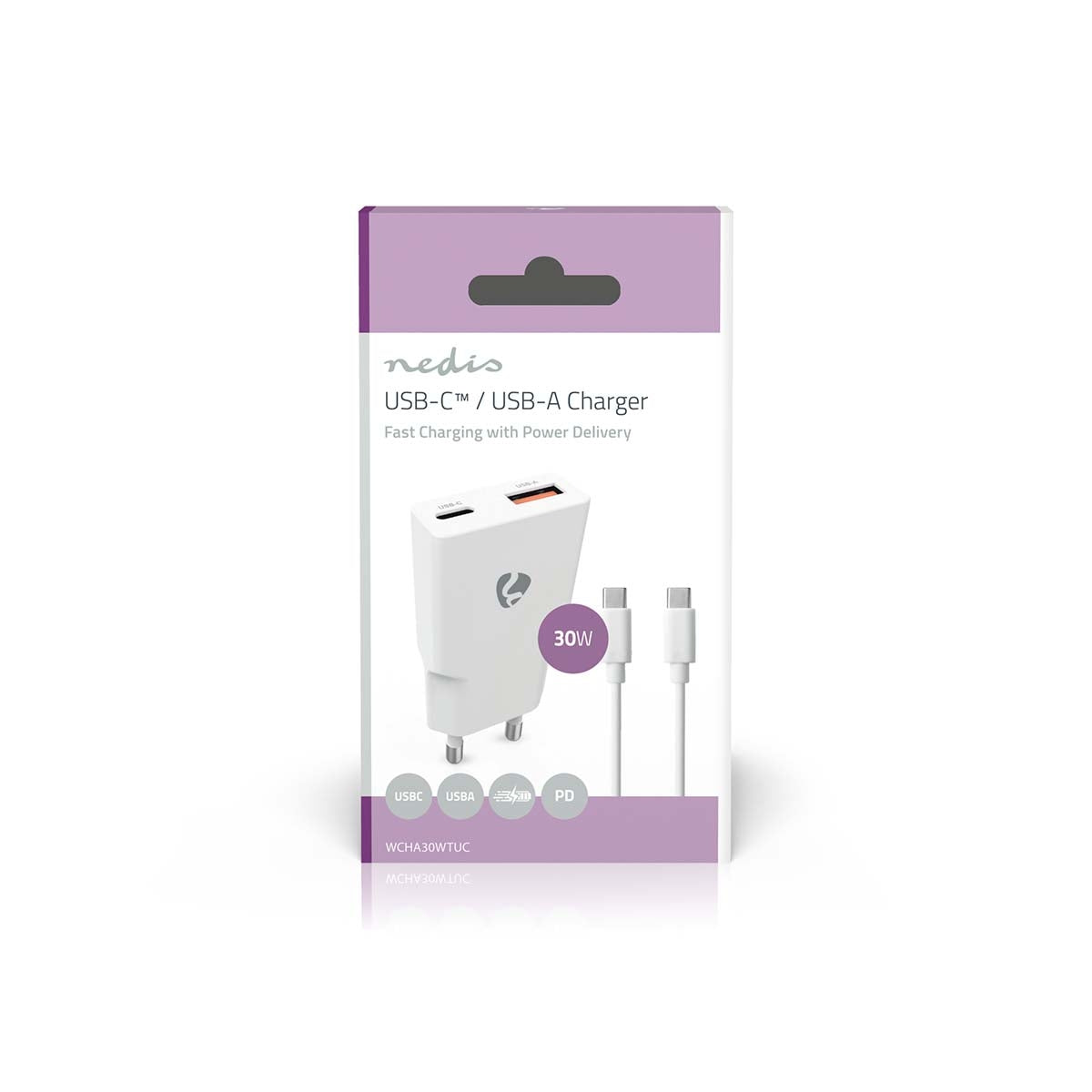Dual Port GaN Wall Charger, 30W PD, USB-A/C, 1.5m Cable