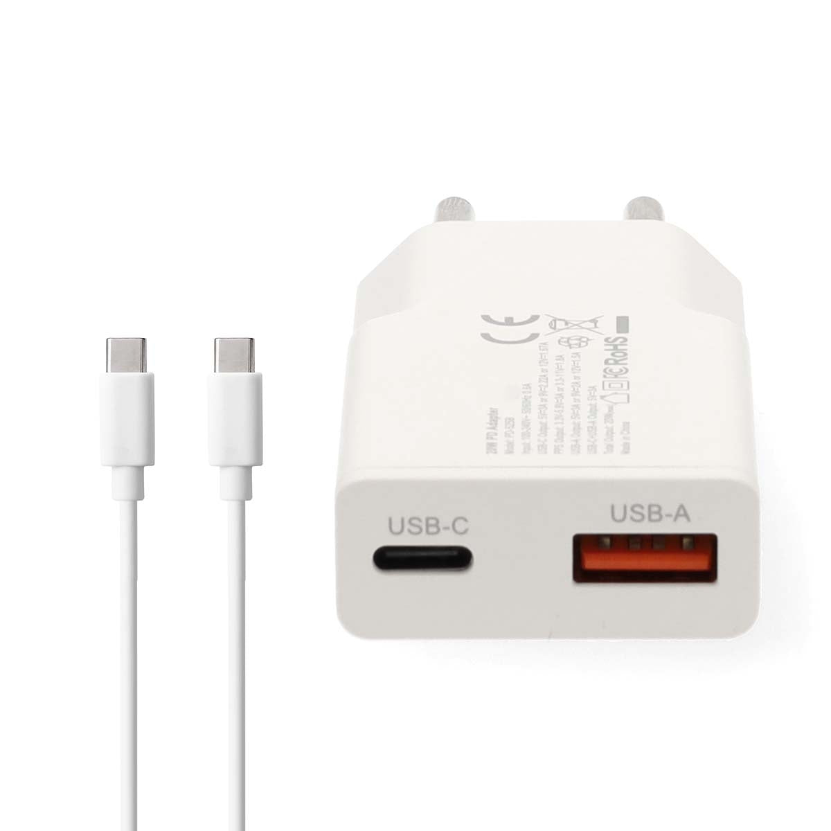 Dual Port GaN Wall Charger, 30W PD, USB-A/C, 1.5m Cable