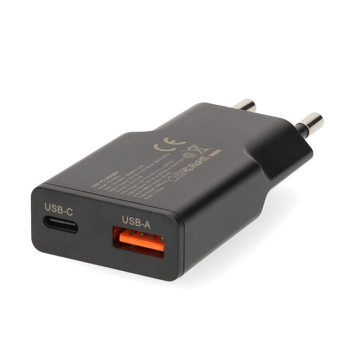 Dual Port GaN Wall Charger, 30W, USB-C & USB-A, Black