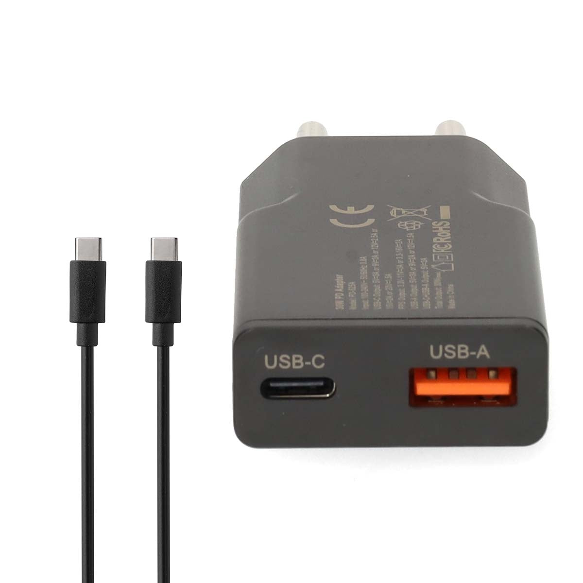Dual Port GaN Wall Charger, 30W, USB-C & USB-A, Black